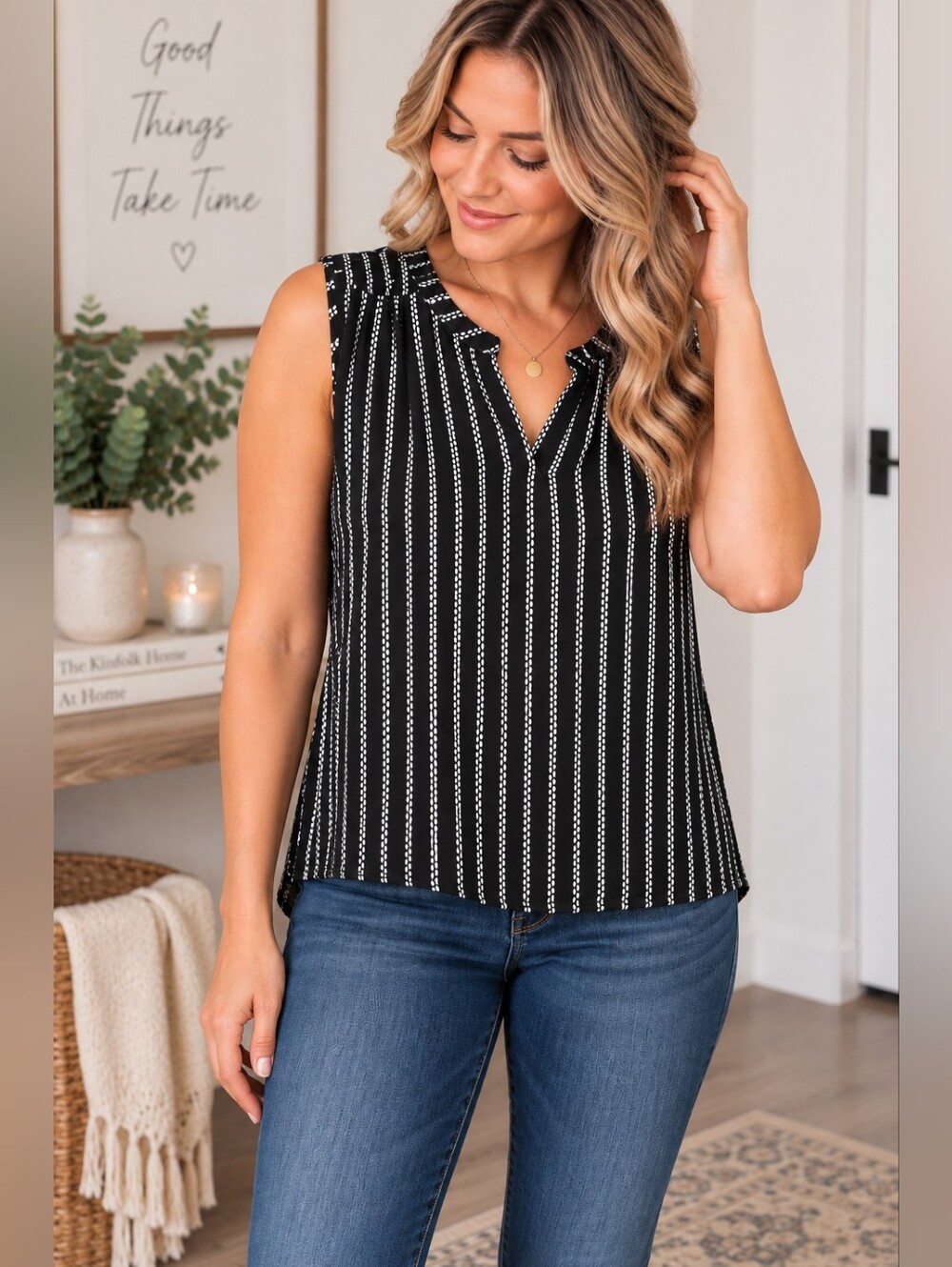 Lily Morgan Black White Striped Sleeveless V-Neck Blouse